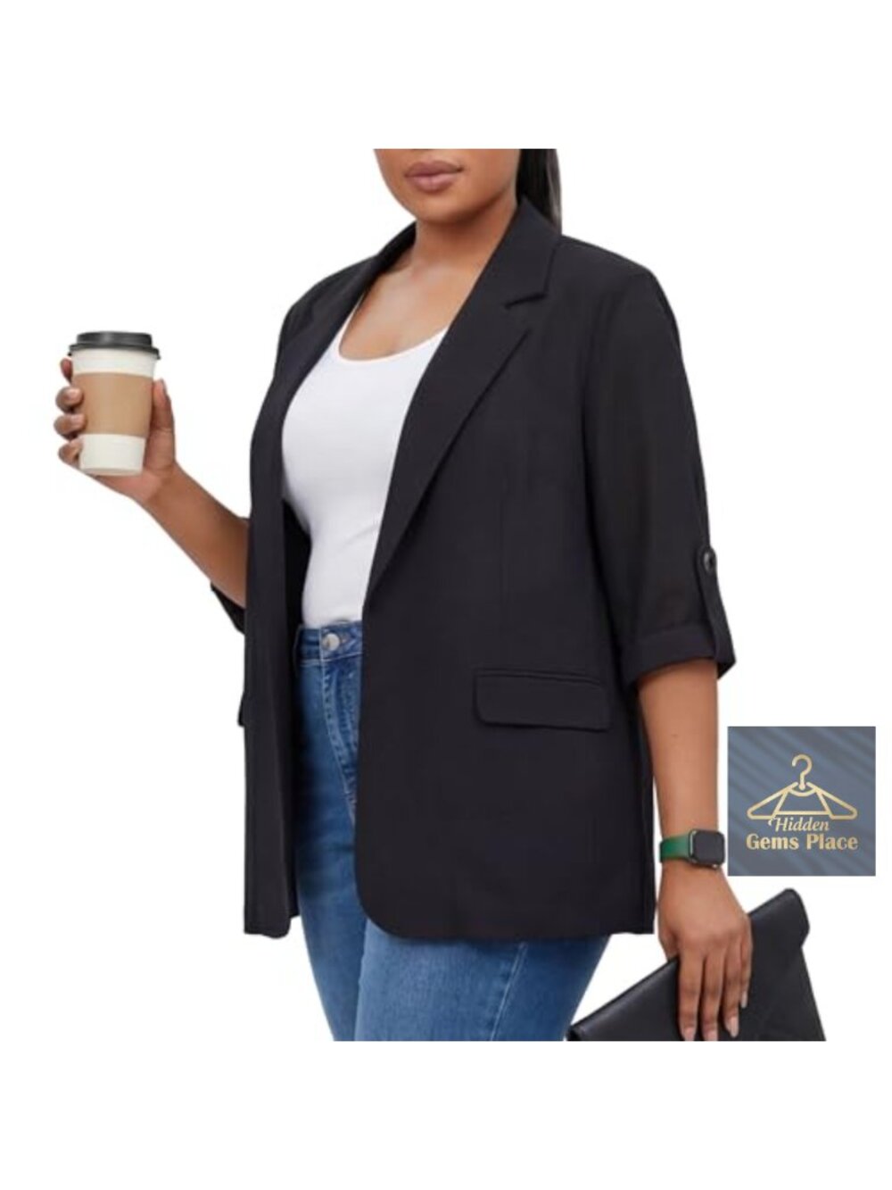 Plus Size Relaxed Fit Blazer with Ruched 3/4 Sleeves – Women Business Casual
